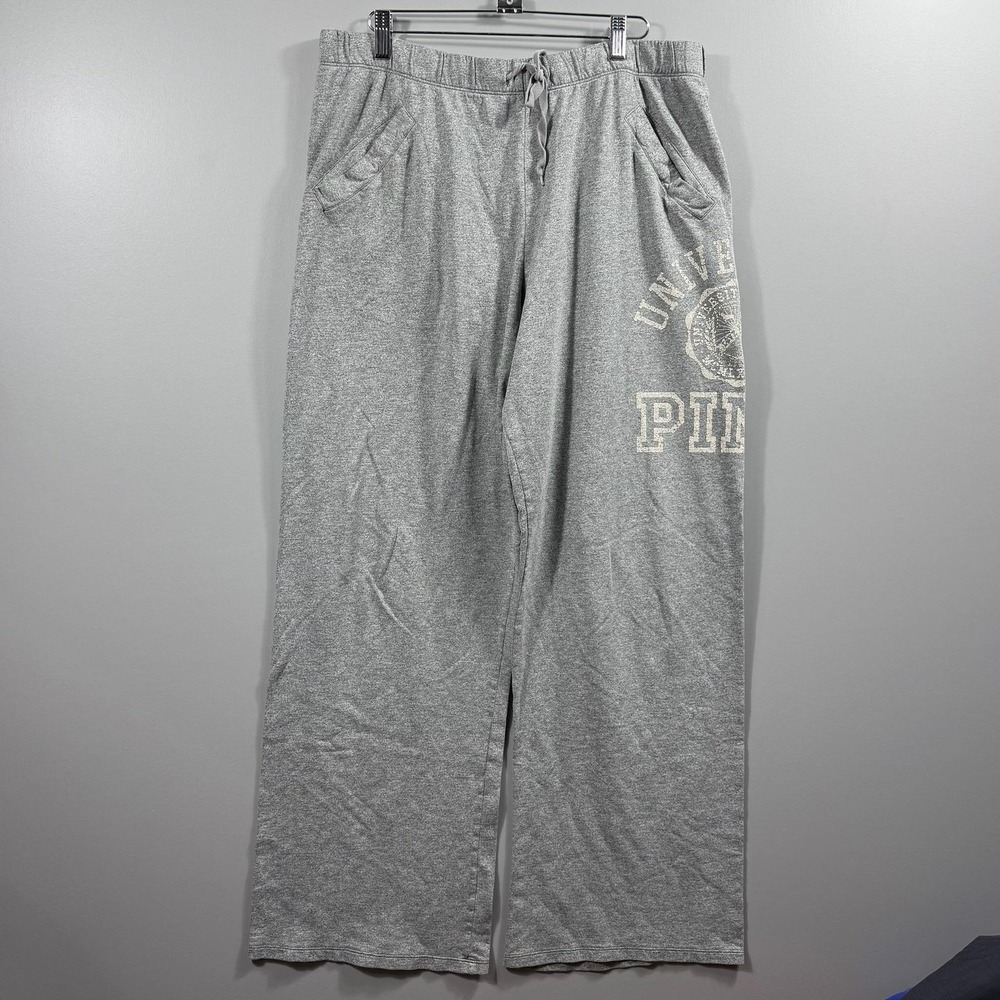 Y2K PINK Sweatpants Womens Large Gray Wide Leg University Logo Elastic Waist